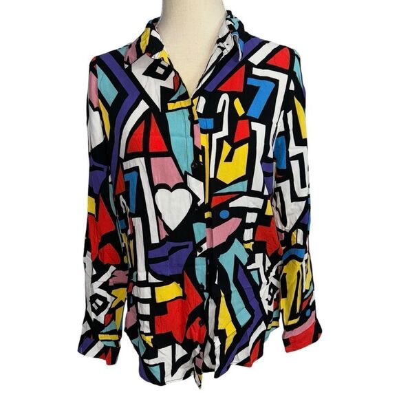 Purple Red Black White Yellow Blue Geometric 80’s style Button Down Blouse XL - Picture 10 of 10